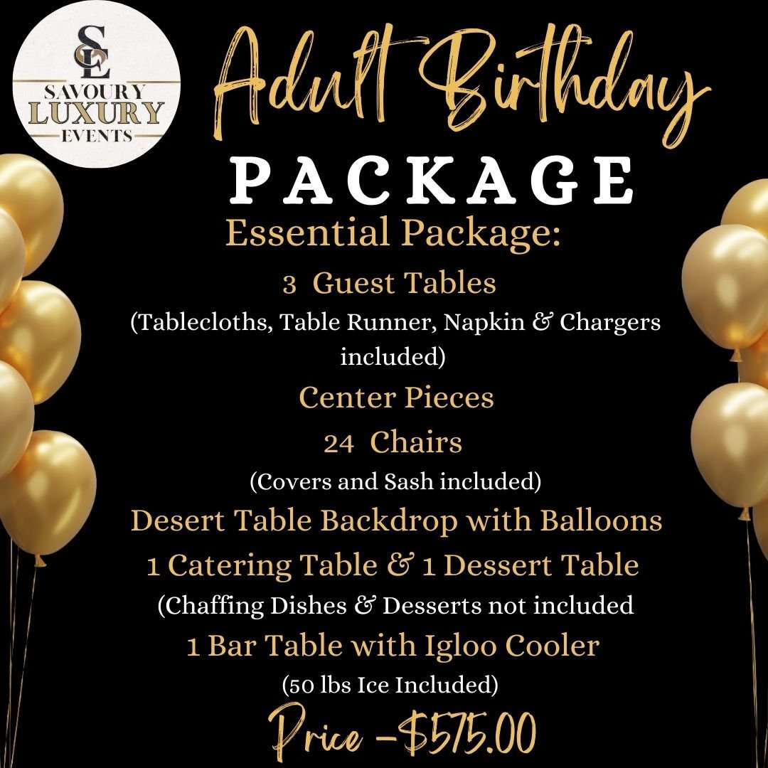 Adult Essential Party Package – Complete Event Setup with Decor & Seating - Savoury Luxury Events
