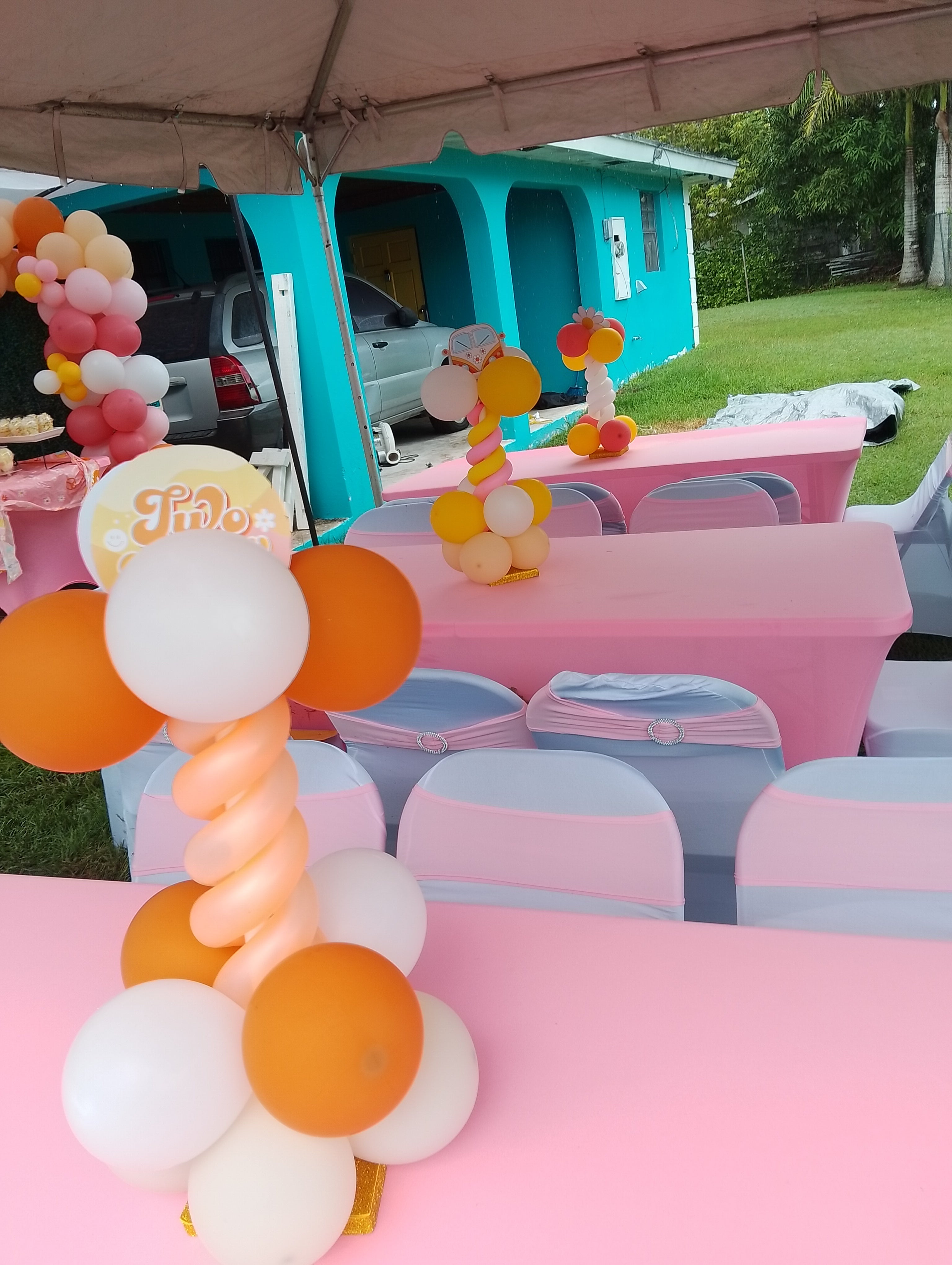 Children's party for adult area with  centerpieces and tables.