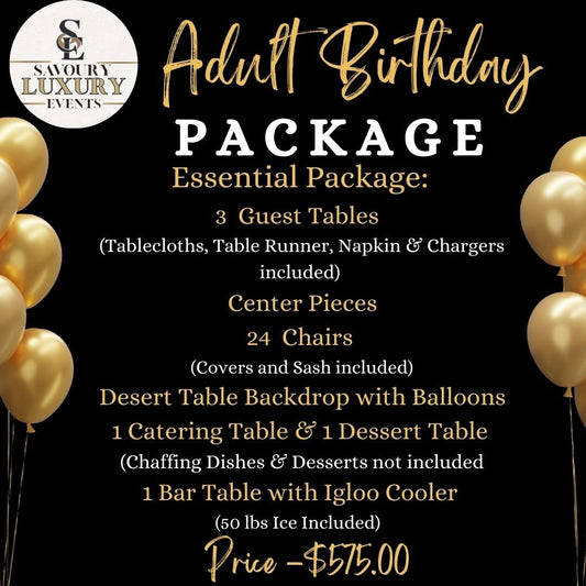Adult Essential Party Package – Complete Event Setup with Decor & Seating - Savoury Luxury Events